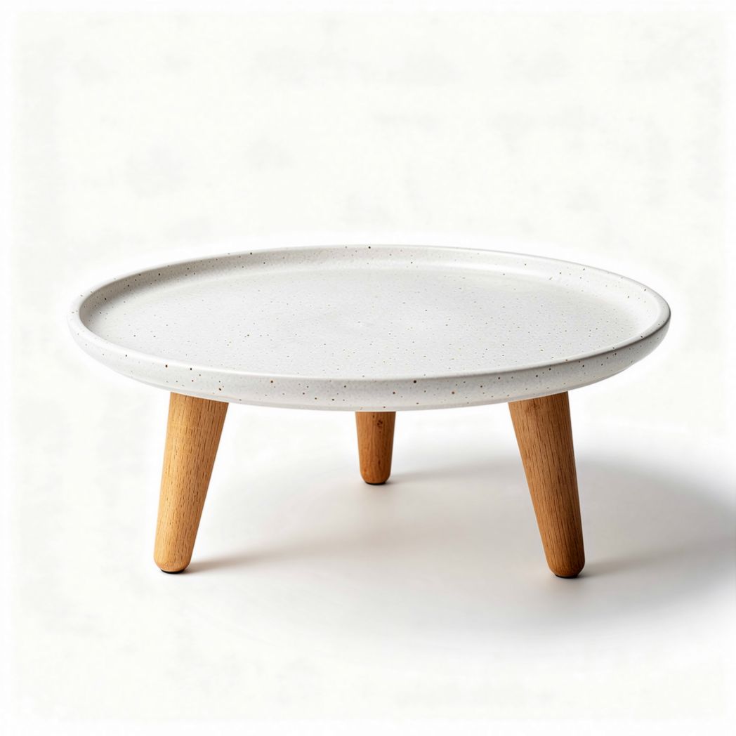 Table basse ronde en céramique blanche avec pieds en bois 30 x 30 x 10cm