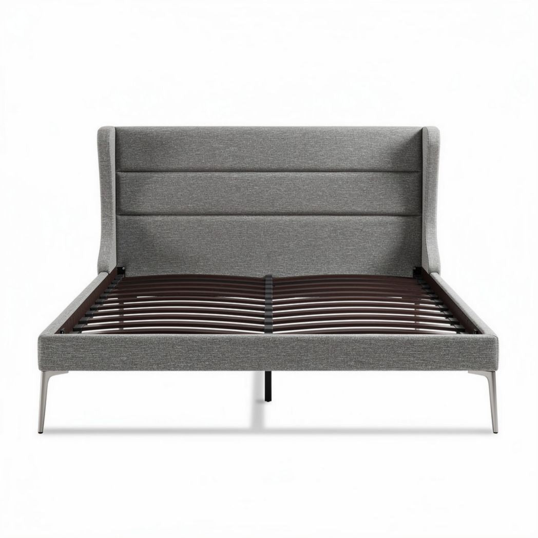 Lit en tissu gris avec tête de lit rembourrée 210 x 160 x 30cm