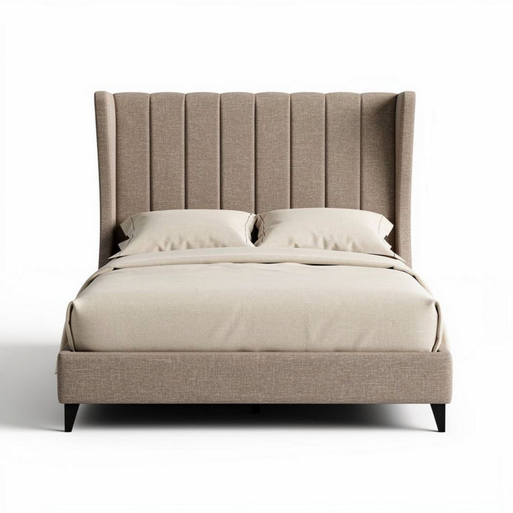 Lit avec tête de lit en tissu beige dimensions 200 x 160 x 120 cm