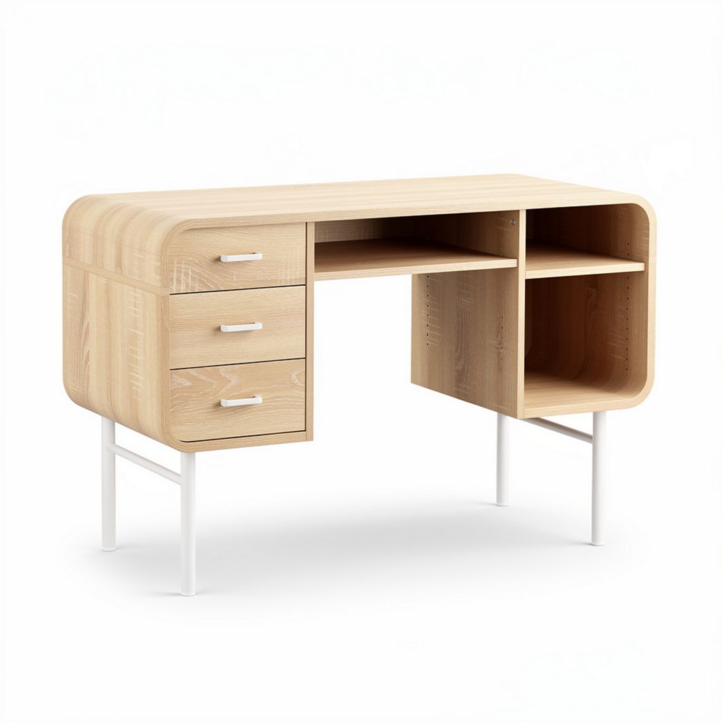 Bureau en bois naturel avec trois tiroirs et étagères dimensions 120 x 60 x 75cm