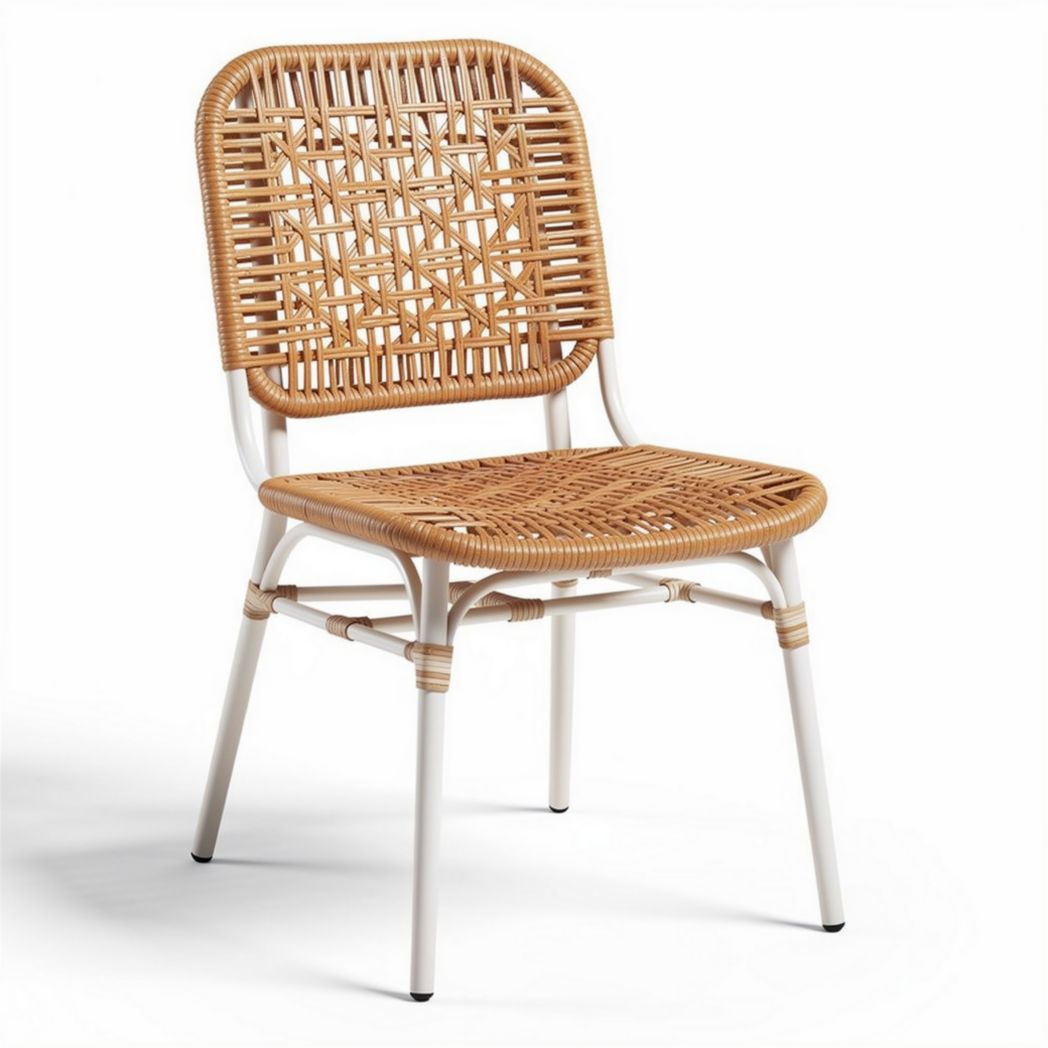Chaise en rotin tressé et métal blanc pour intérieur et extérieur 45 x 50 x 80cm