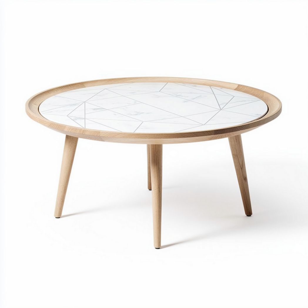 Table basse ronde en bois avec plateau en marbre 60 x 60 x 45cm