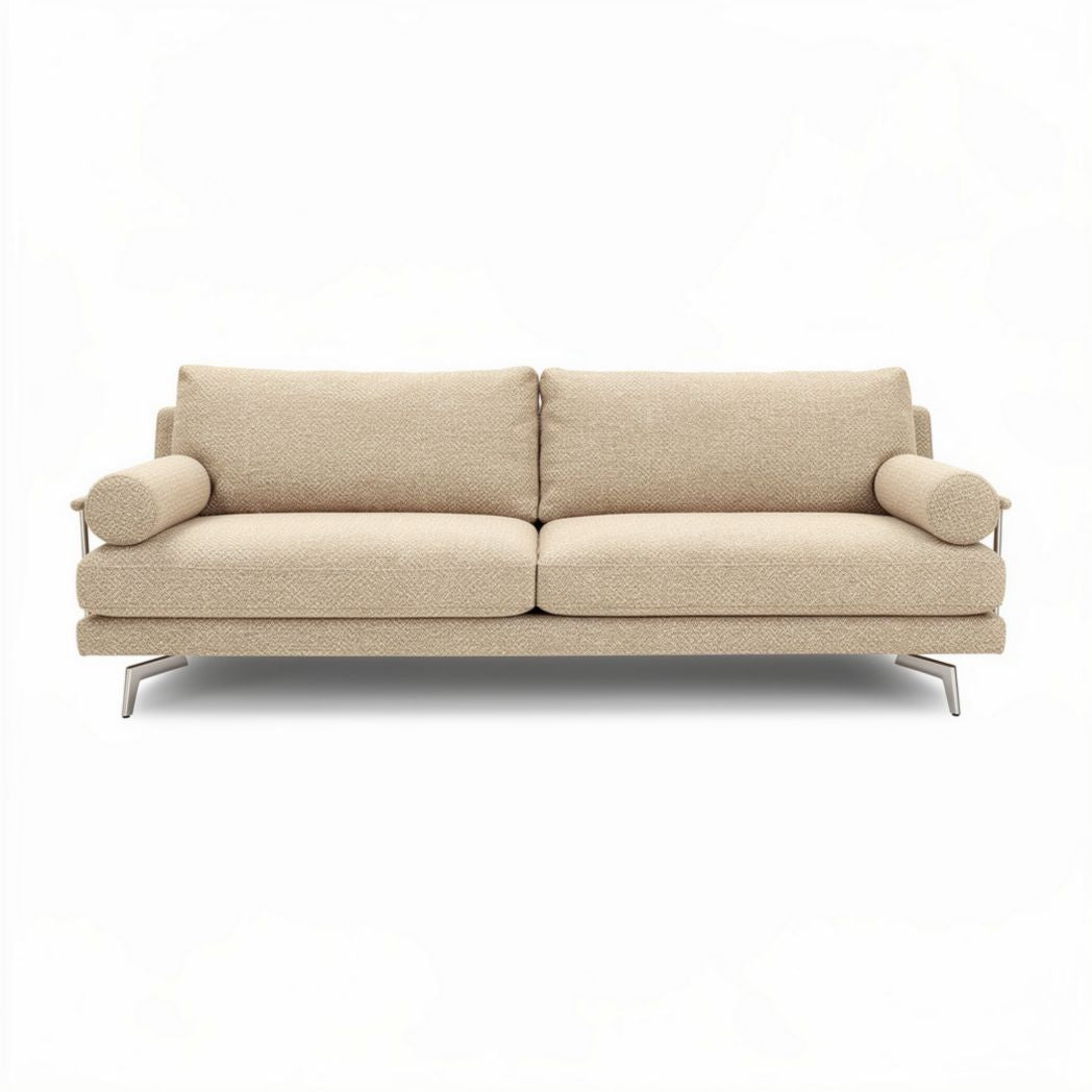 Canapé en tissu beige avec accoudoirs cylindriques dimensions 200 x 90 x 85cm
